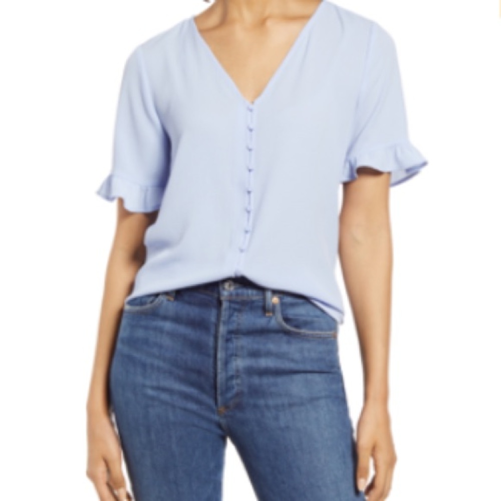 CeCe Ruffle Sleeve Crepe Blouse periwinkle ruffle sleeve button down vneck top